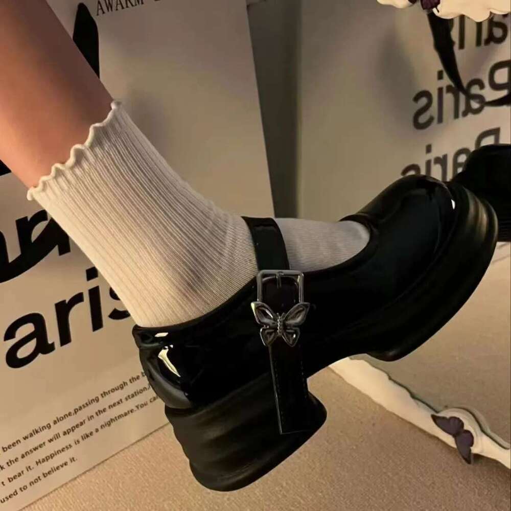 Shoes Woman All-Match Modis British Style Black Flats Oxfords New Cute Preppy Leather Retro PU Mary Janes Rubber Buckle Str