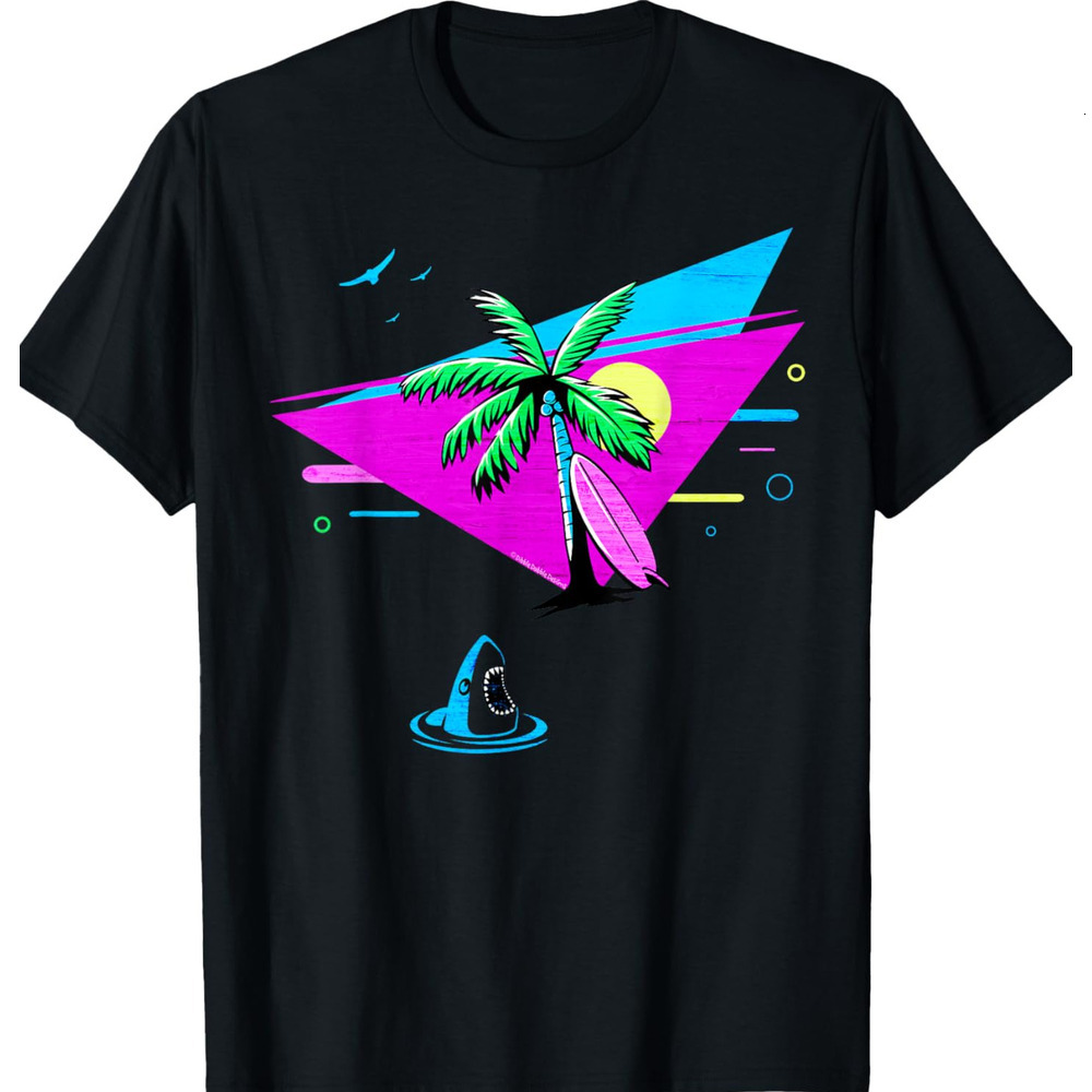 T shirt for Mens Fun Retro Tropical Vaporwave Palm Trees Shark and Surfboard Graphic Tee Casual Tops Clothes Short sleeve cool