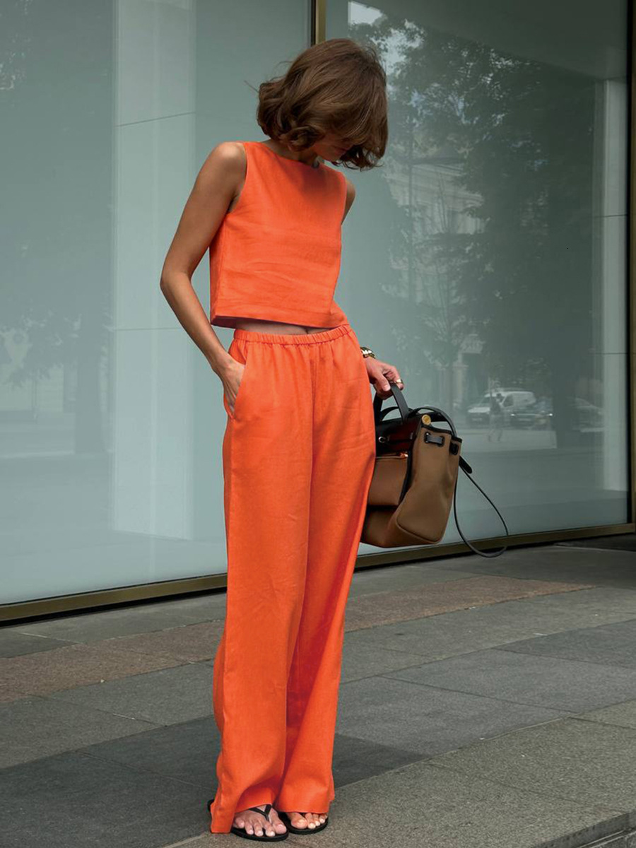 Cotton and linen spring/summer 2025 new sleeveless short top+wide leg pants set for women