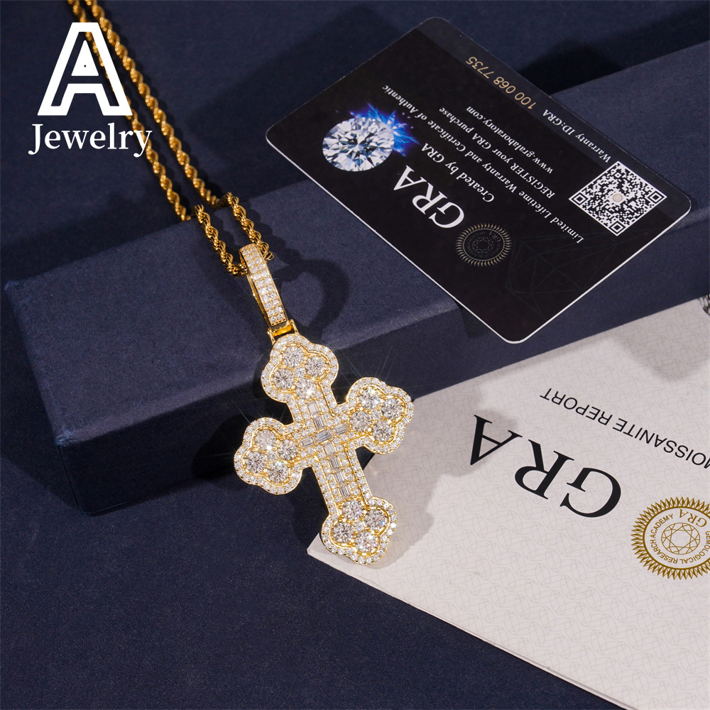 Hip Hop iced out Cross Pendant 925 Silver Baguette VVS Moissanite Cross Charm Pendants