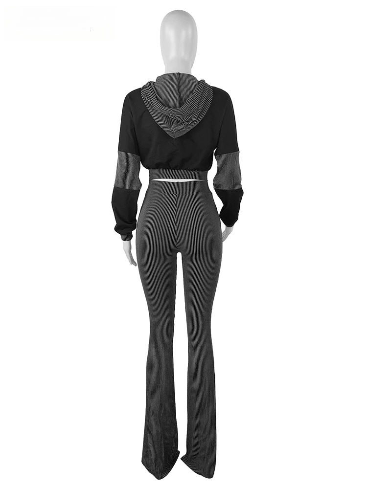 Spring Fall Knit Ribbed Women Long Sleeve Hooded Patchwork Sweatshirts Tops And Flare Pants 2 Piece Sets Jogger Outfit Tracksuit