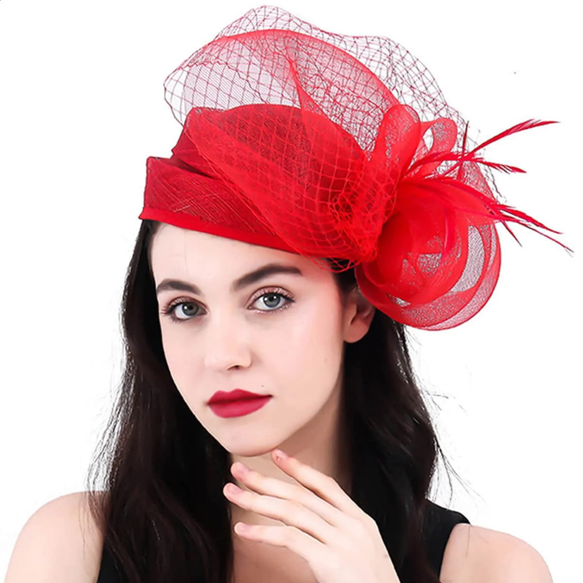 Sinamay Bridal Wedding Red Fascinators Hats For Woman Church Cocktail Tea Party Dress Elegant Derby Cap Hat With Feather Veil 250324
