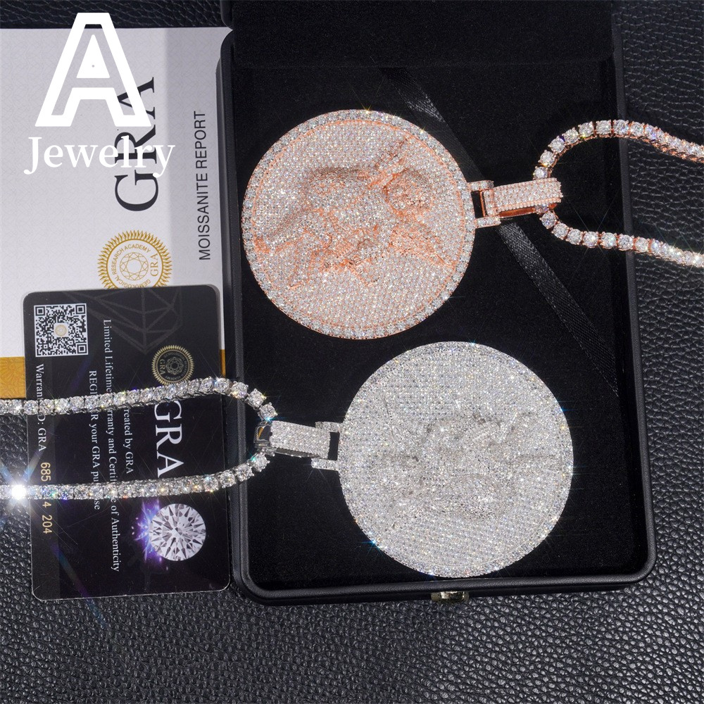 Iced Out Jewelry 3D Design Angel Moissanite Solid Circle Pendant 2.5 inches 925 Hip Hop Rapper Moissanite Pendant
