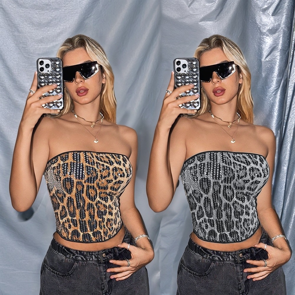 2025 Women's Slim Fit Beach Vest New Designer Personalized Street Trend Leopard Print Strapless Sequin Top Party Women's Clothing