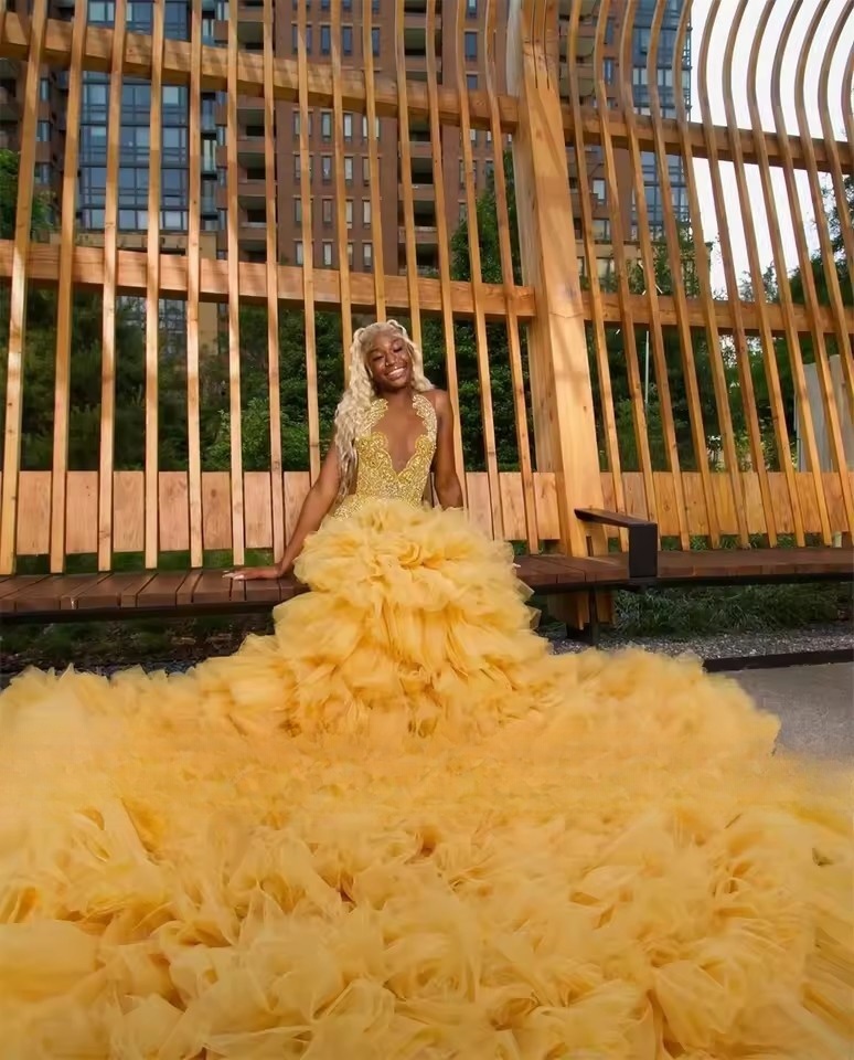 Gold Beaded Crystal Tulle Ruched Train Prom Dresses For Black Girls Mermaid Ladies Dress Special Birthday Party GOwns Customized