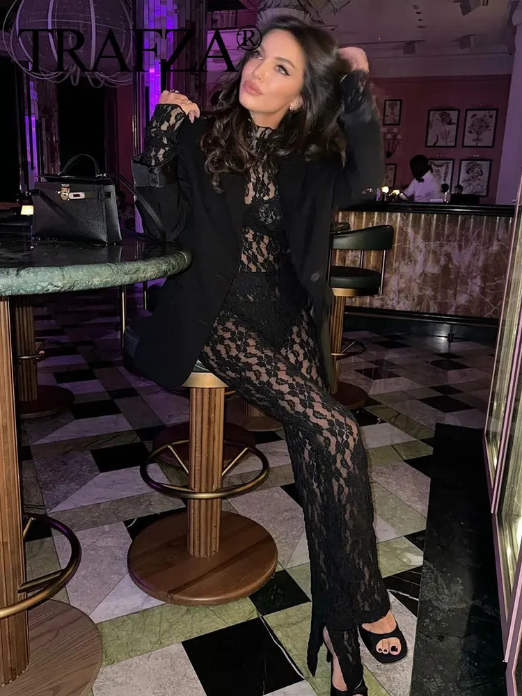 TRAFZA Womens Lace Pants Sets Slim Jumpsuits Top High Waist Trousers Sexy Lady Floral Lace Translucent Y2k Bodysuit Suits 250324