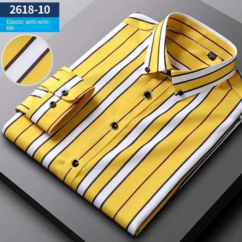 The new elastic vertical stripe can be a long sleeping mens shirt in all seasons slim non ironing wrinkle resistant shirt X250324
