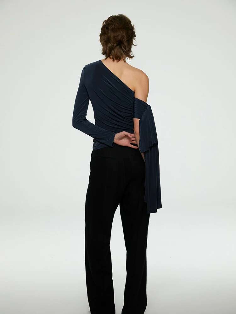 Designer Off The Shoulder Top Fall Clothes 2024 Women Long Sleeve T Shirt Dark Blue Fashion Tees Kintted Solid Tops