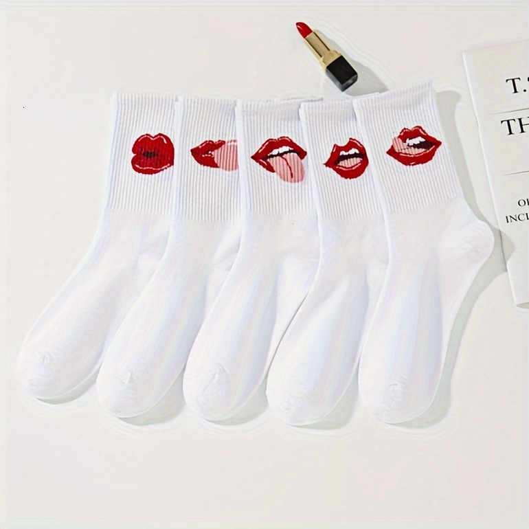 5 pairs of white Korean ins tide red lips college style sports women mid-calf socks couple models wholesale hot-sale