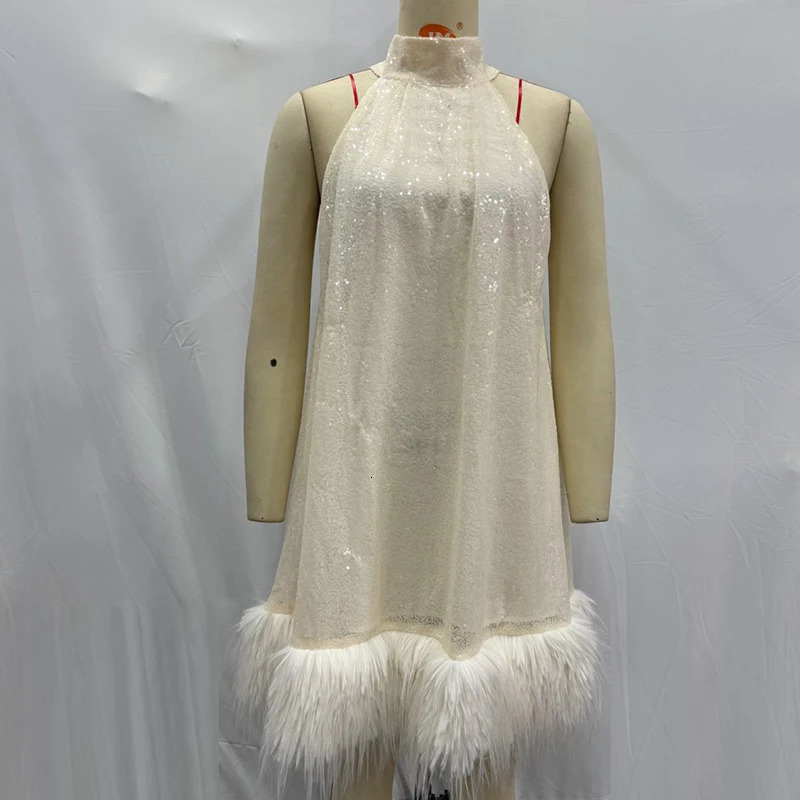 Cocktail Fashion Lady Sleeveless Aline Loose Dress Feather Patchwork Party Sexy Halter Shiny Sequins Club Dresses 250320