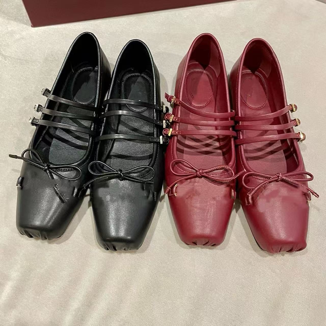 Ballet flats leather sole new Designer wedding Dress shoes 100% cowhide bowknot ballet Flats top quality Dance shoe fashion women black Flat boat Lady square toe shoe