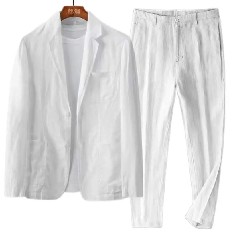 Autumn Two Piece Set Business Suit Mens Linen Thin Breathable Pocket Blazer Jackets Pants Outfits For Men Clothing 250319
