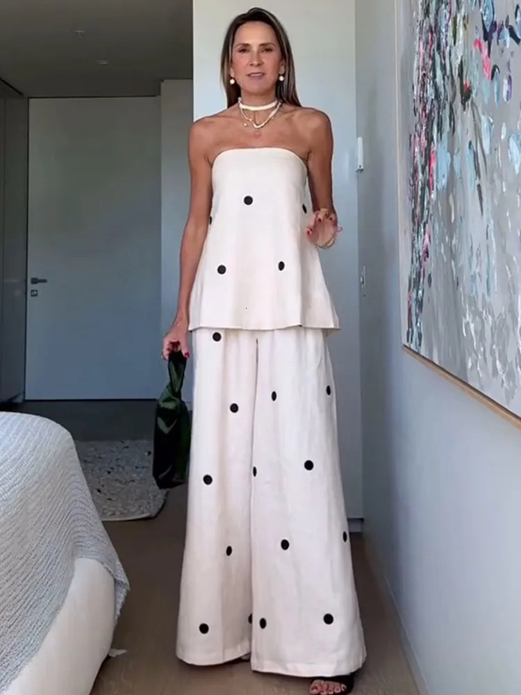 Women Fashion Polka Dot Wide Leg Pant 2 Piece Set Sexy Off Shoulder Sleeveless Vest Tops Suit 2025 Vocation Streetwear 250324