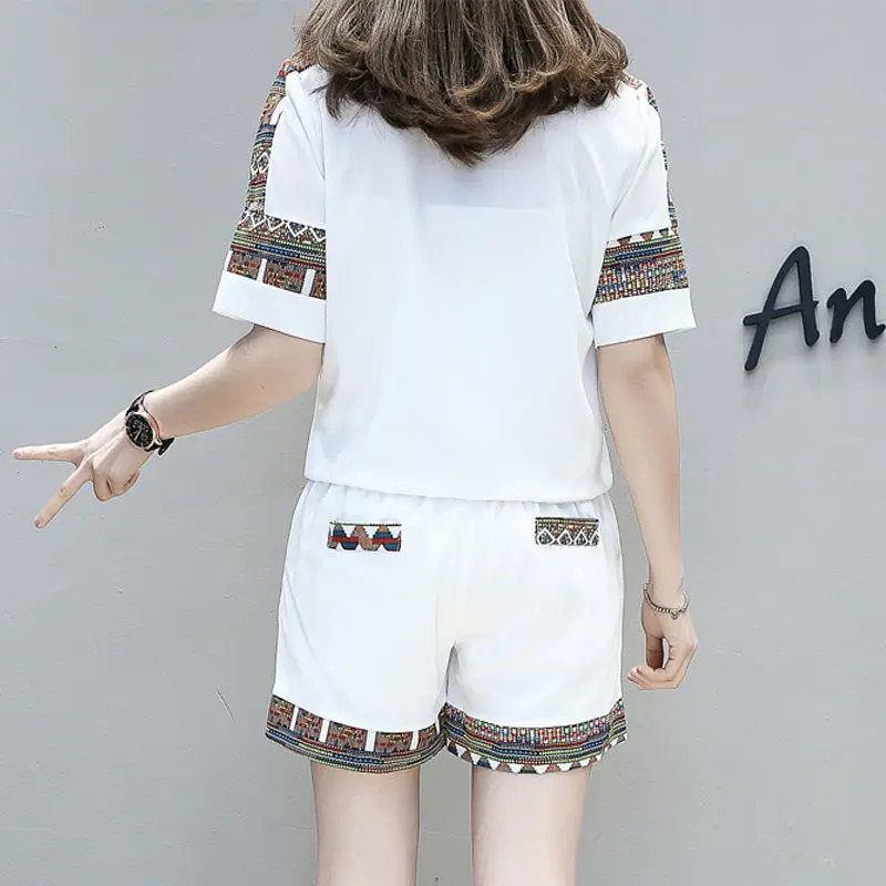 Womens casual cotton set 2024 summer fashion high waist short sleeved crop top wide leg shorts 2piece for women 250322