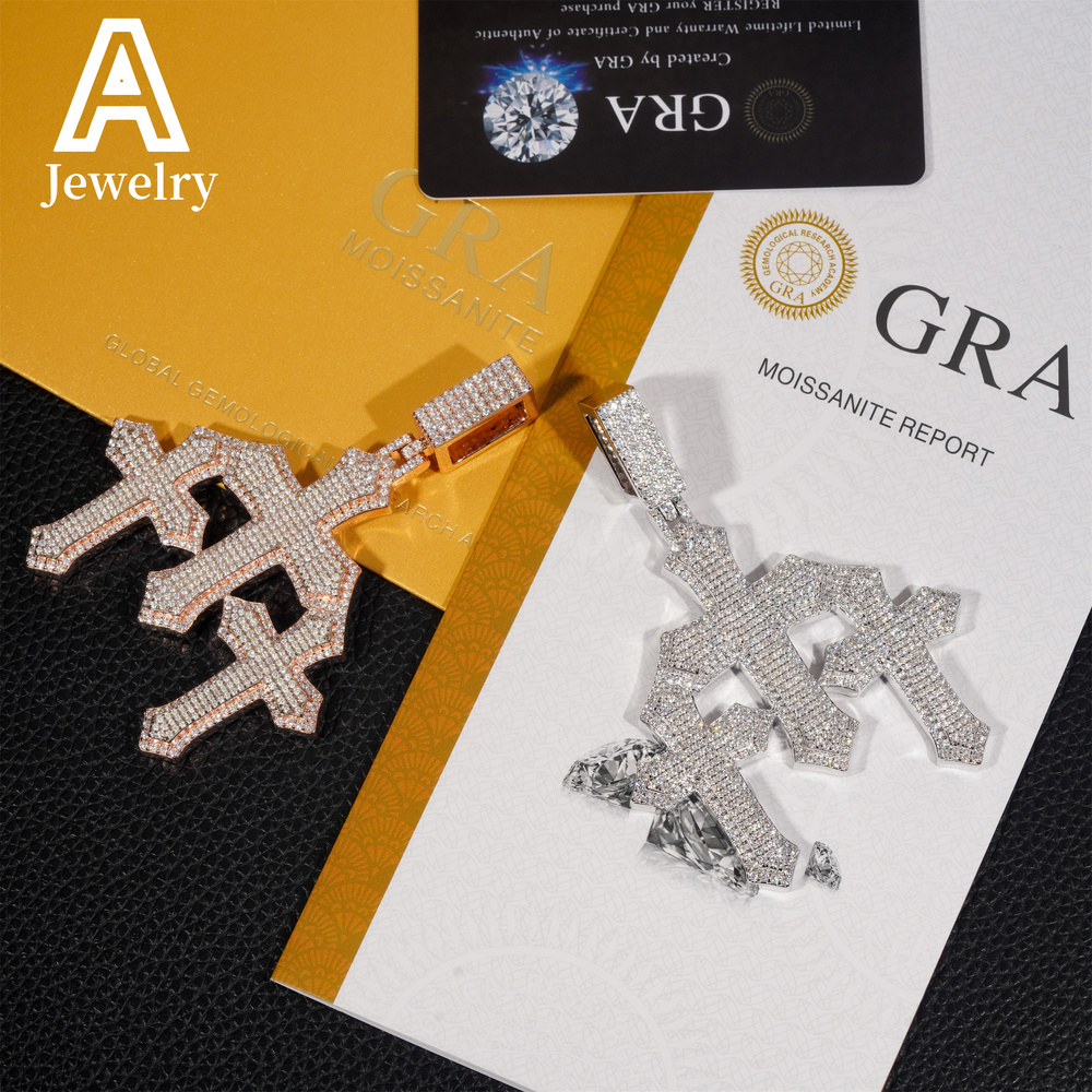 Ready To Ship Rose Gold Hip Hop Iced Out Luxury 2.5 Moissanite 925 Sterling Silver Triple Cross Pendant