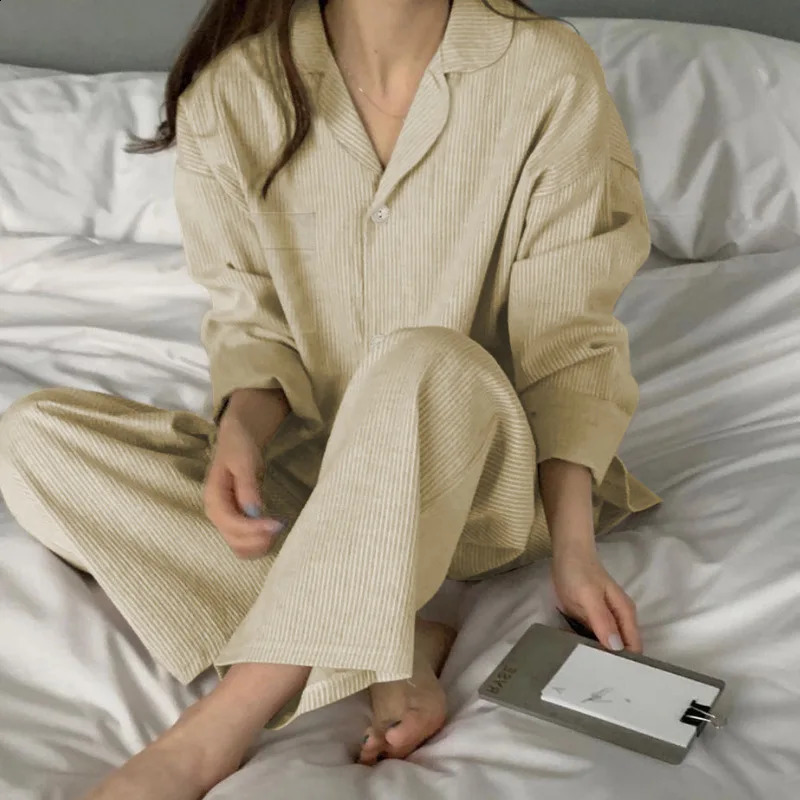 Striped Sleeping Sleepwear Fashion Autumn Simple Home Clothing Advanced Trouser Set Casual Sleepwear Pjs 250321