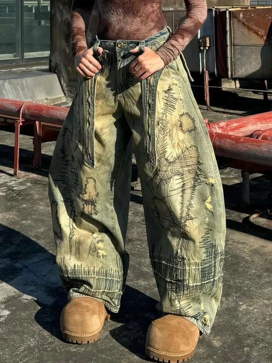 American Heavy Industry Production Jeans Large Size Washed Distressed Hete Straight Pant Haruku Street Loose Overalls