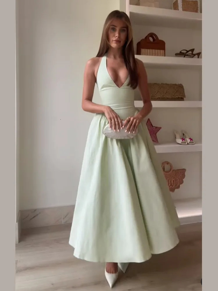 Summer Women Solid Halter Long Dress Sexy Deep V Neck Slim Fit High Waist Pleated Maxi Dress 2025 Lady Beach Party Vestidos 250322