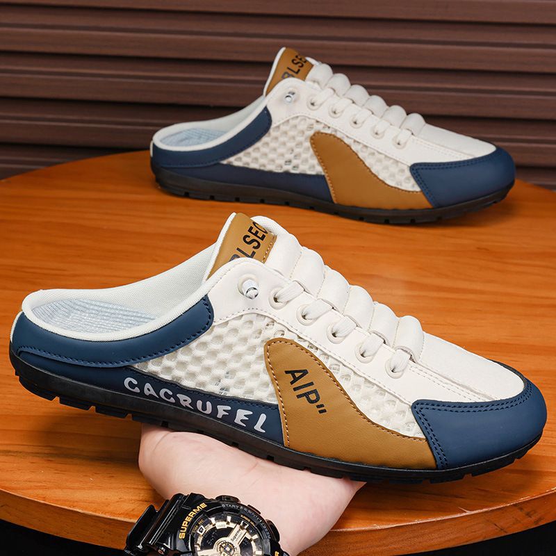 designer shoes 2025 Summer mesh breathable hole sandals for men thin style men's shoes Men's lazy one-step slip-on backless toe cap slippers