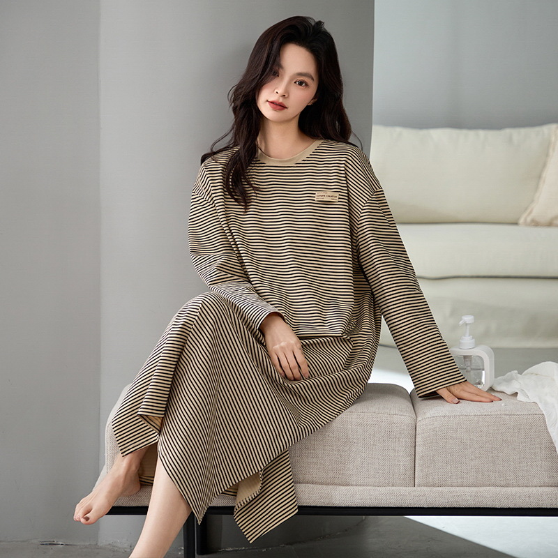 LP115 Striped Summer Cotton Women's Nightdress Long Sleeve Forest Art Floral Home Clothes Thin Breathable Pajamas Spring Dress