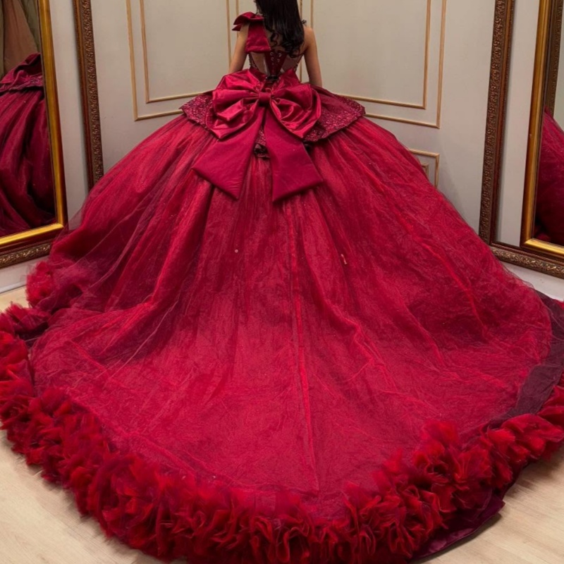 Red Sweetheart Quinceanera Dresses Off The Shoulder Sequin Applique Beads Bow Tulle Party Birthday Vestidos De 15 Anos Sweet 16 Anos