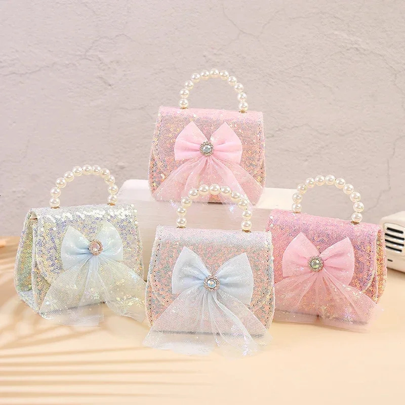 Fashion lace bow childrens shoulder bag pink glitter coin wallet girl pearl handbag Korean princess chain cross body bag 250322