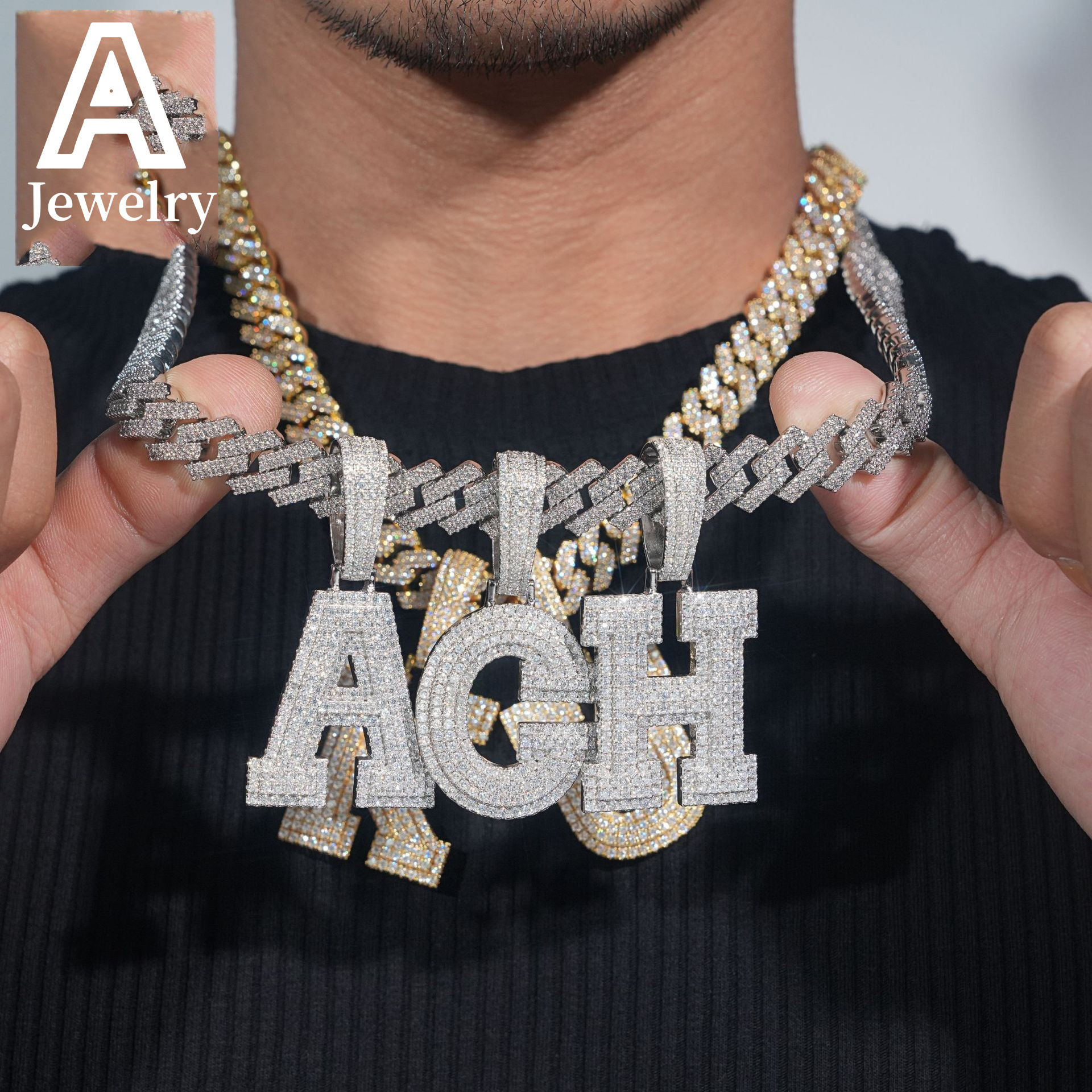 Iced out hip hop fashion jewelry A-Z 26 letter moissanite pendants custom initial pendant 925 silver jewelry