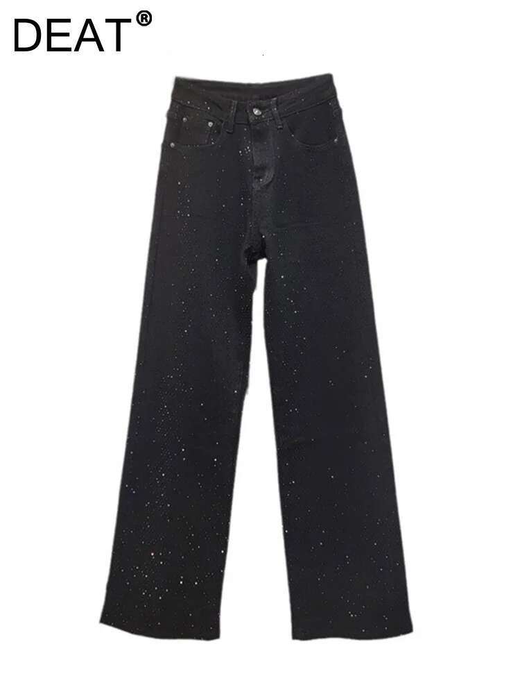 DEAT Women's Jeans High Waist Single Sided Full Rhie Black Straight Wide Leg Denim Pants 2025 New Fashion Spring 29L8628