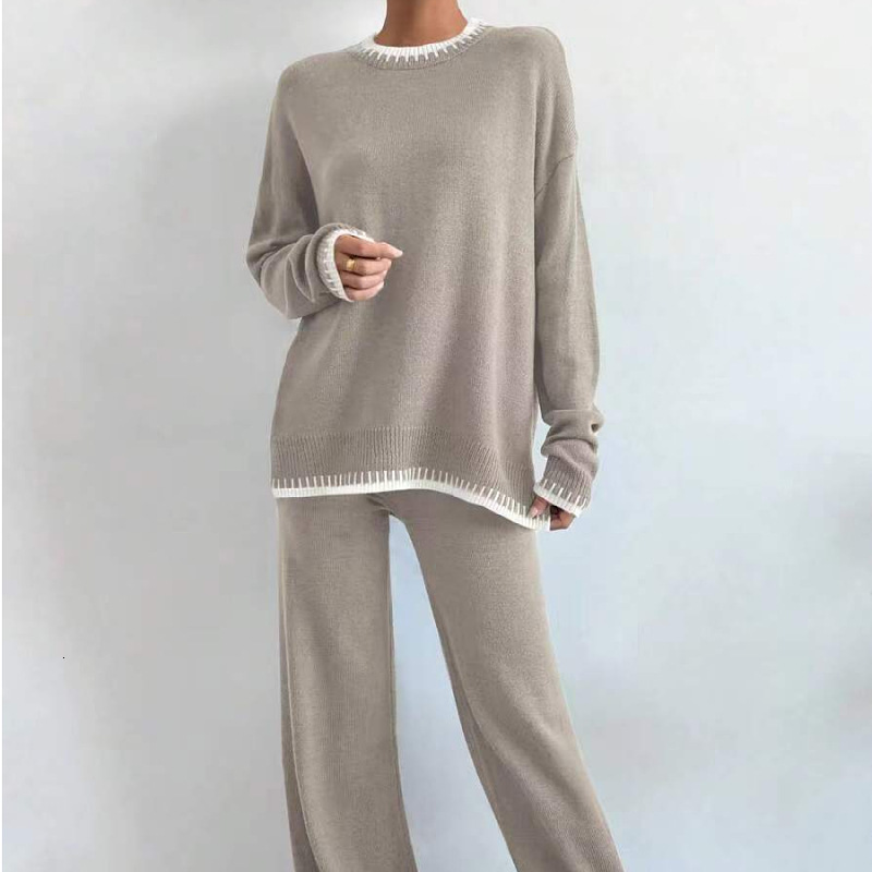 2025 Spring New Casual Women's Wear Color Contrasting Knitted Sweater Pants Two Piece Set