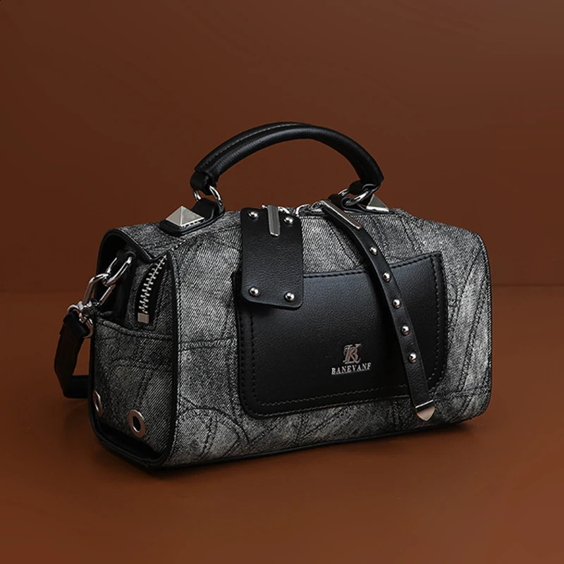 2024 Womens Elegant Grey Genuine Leather Bag Printed Cross Body Boston Handbag Pillow 250317