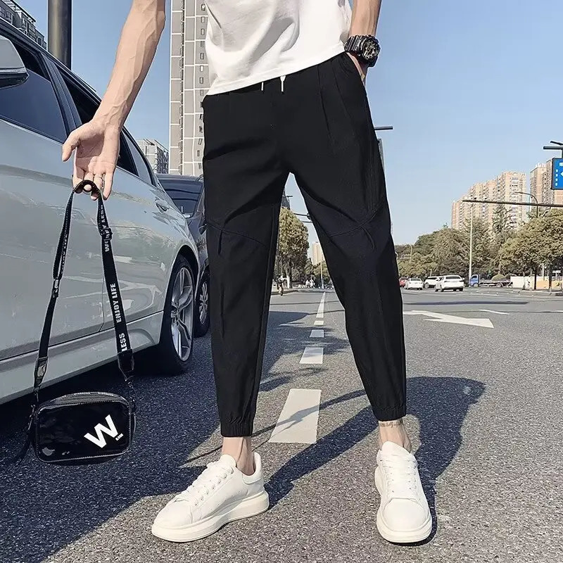 Korean clothing mens summer pants cutting Trouser sportswear jogging runner running plus size gym ice silk 250322