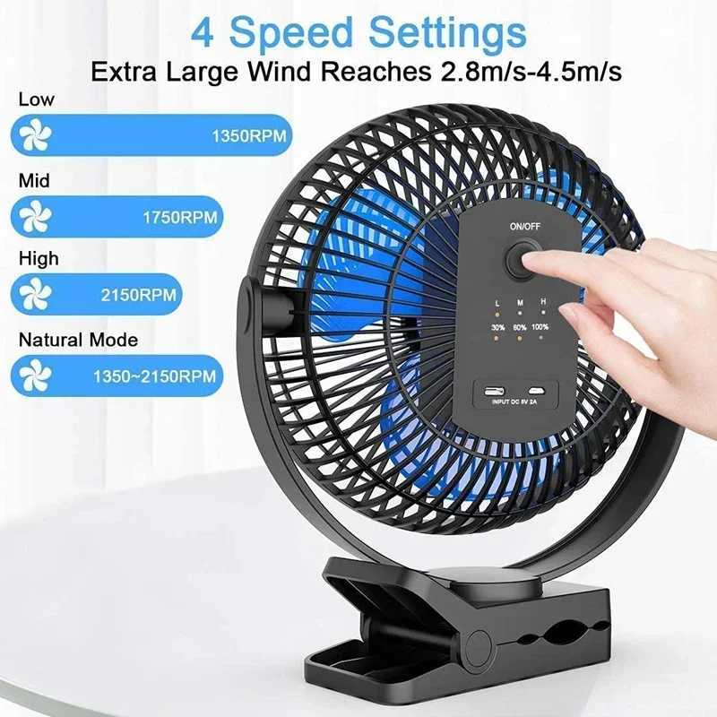 10000mAh 8-inch rechargeable USB desktop fan portable clip on fan 4-speed low-noise air circulation USB fan Z250324