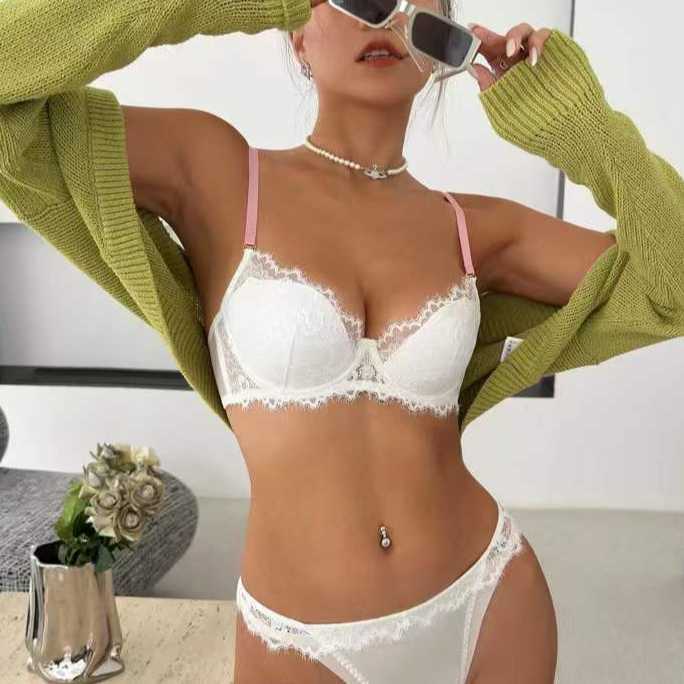thin cup gathered bra set, sexy lace, big chest, small bra, contrasting shoulder straps, thong underwear 250315