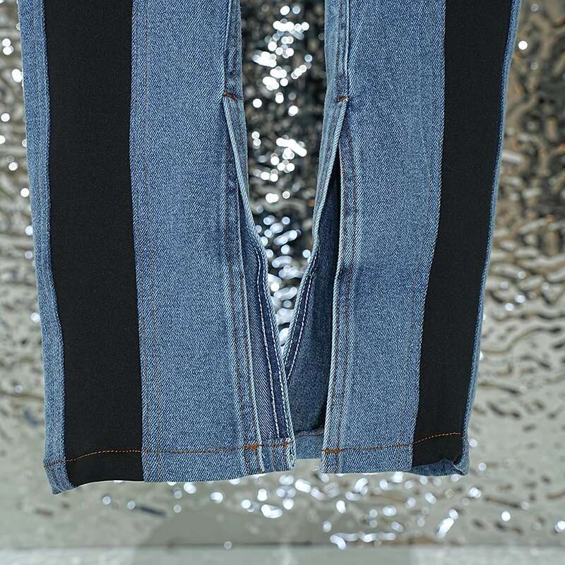 DEAT 2024 Autumn New Fashion Women's Patchwork Contrast Color Jeans Stretch High Waist Split Long Denim Pants Female 1Df2575