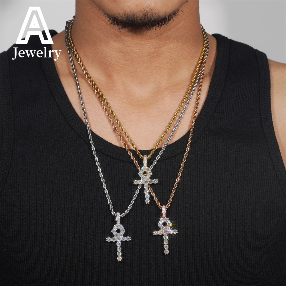 Iced out hip hop jewelry 925 silver vvs moissanite cross pendant men women 4mm circled cross charm pendants with rope chain