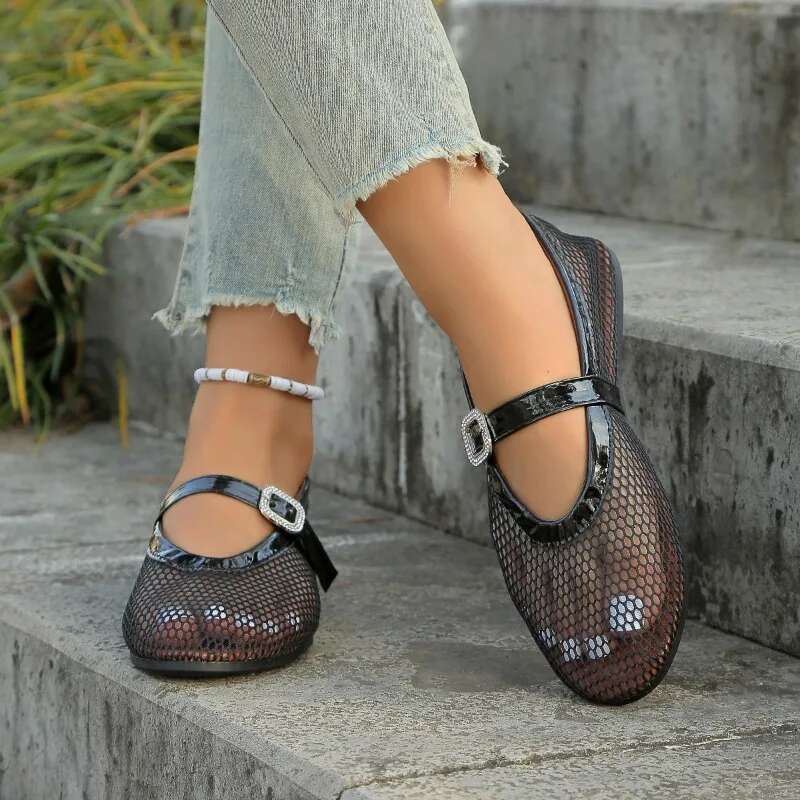 Summer Hollow Mesh Women Ballet Flats Round Toe Mary Jane Shoes Breathable Sandals 2025 Solid Color Buckle Strap Ladies Footwear
