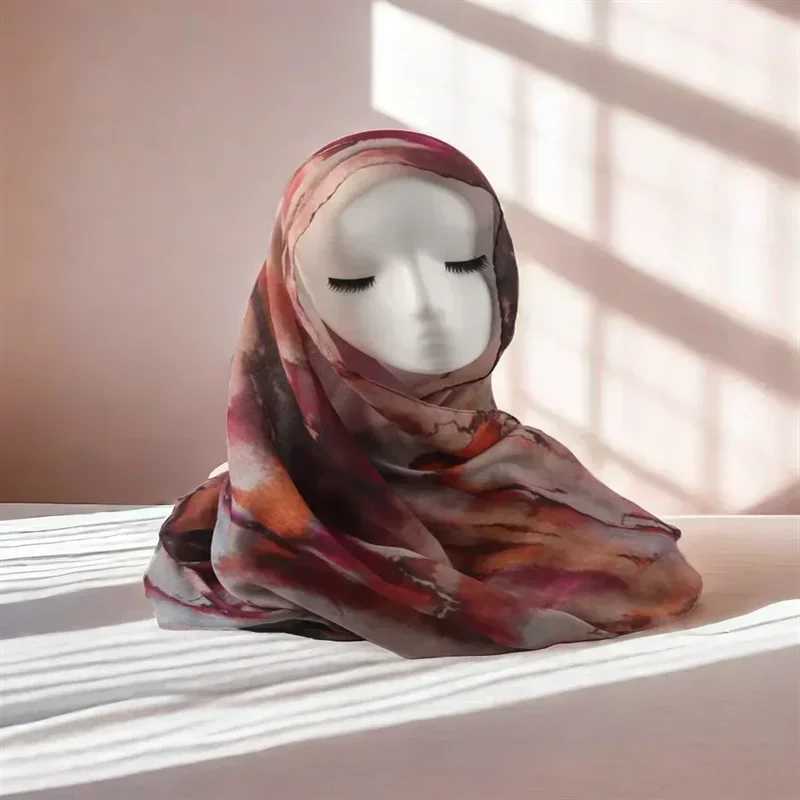 Watercolor printed pattern breathable lightweight soft cotton synthetic silk adhesive woven pattern Muslim gauze headscarf X250324
