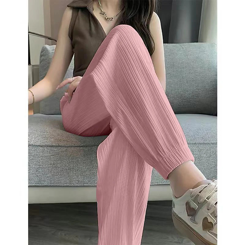 Leisure Street Sweet Autumn Basic Ice Silk Pants Lantern Solid Color Elastic Womens Sports and Ankle 250324Z