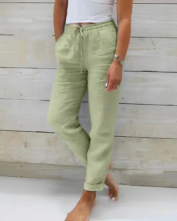 Cotton linen summer womens pants high waisted elastic casual Trouser streetwear solid color clothing 2024 loose pencil 250324