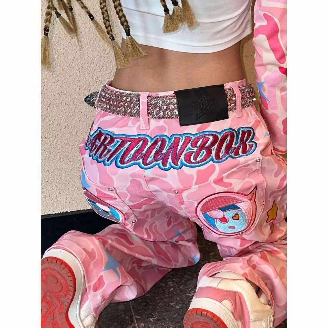 Pink Embroidered Jeans Design Sense Heavy Craftsmanship Camouflage Woman Street Hip Hop Unisex Straight Wide Leg Pants