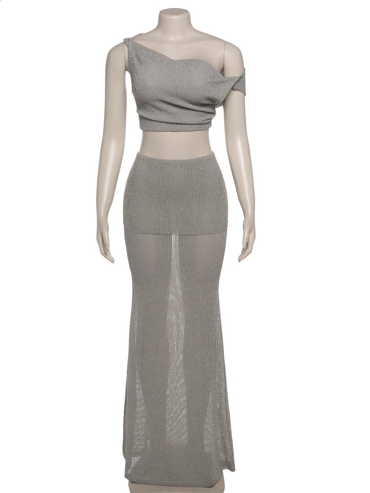 Weird Puss Ruched Elegant 2 Piece Set Women Irregular Skew Collar Backless Crop TopsElastic Waist Skirt Skinny Chic Trend Suits 250324