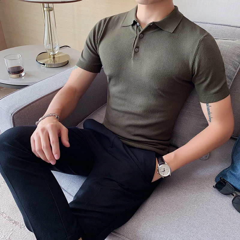 Mens Polo Shirts Korean Clothing Summer Short Sleeve Ice Silk Knit Polo Shirt For Men Turn Down Collar Slim Fit Tops Tees 250322