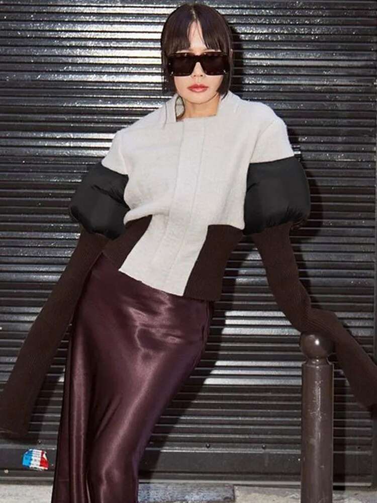 Fashion Women's Color Block Jackets Long Sleeve Zipper Collarless Slim Patchwork Short Coat Spring 2025 New