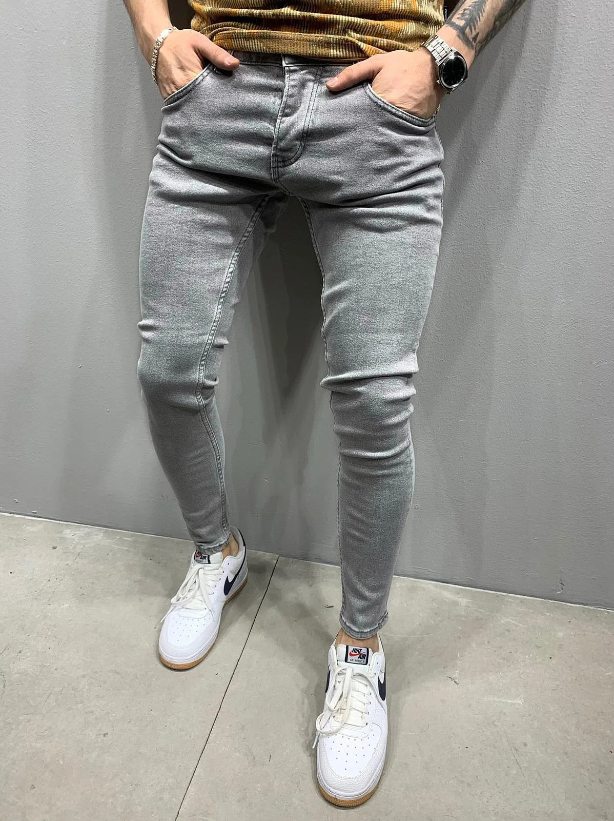 Mens 2024 Stretch No Ripped Pants Streetwear Black Denim Trousers Grey Pure Color Jeans Elastic Waist Skinny 250312