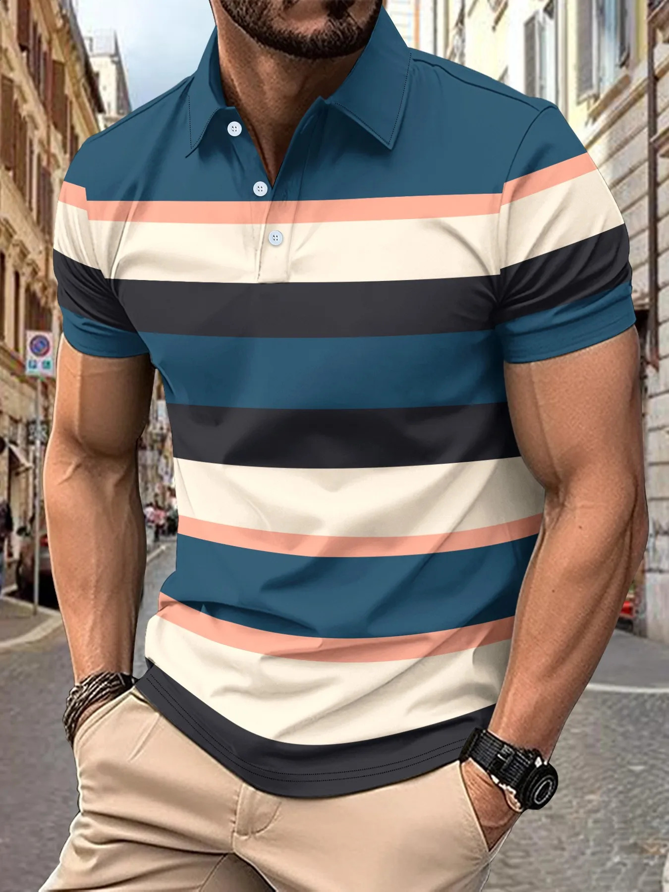 2025 summer Europe and the United States mens casual POLO shirt Vneck button stripe Tshirt 250311