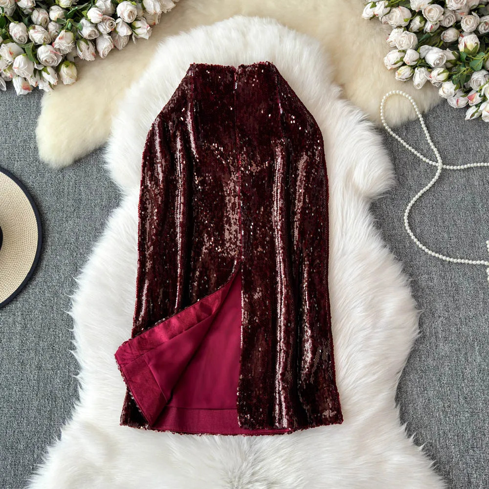 sweet Vintage Glitter Sequins Elegant High Waist Chic Slim Pencil Skirt French Streetwear High Street Autumn Winter Clothing 250322