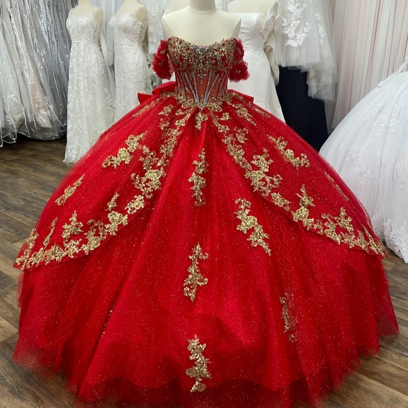 Red Shiny Quinceanera Dresses Off The Shoulder Gold Applique Lace Beads Bow Tulle Corset Vestidos De 15 Anos Sweet 16 Dress