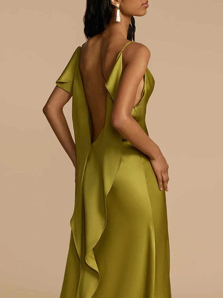Drauuing Womens Summer Green Seam Long Dress Fashion Backless Hollow Skirt Pendant Satin Vestdos 250322