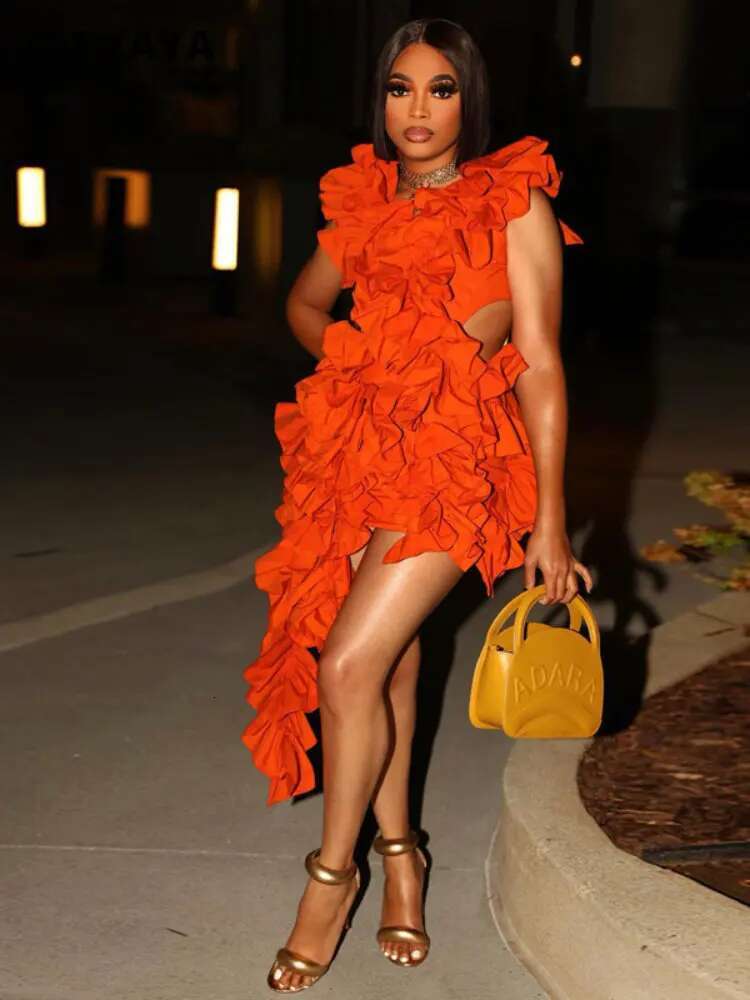 Cm.Yaya Women Edible Tree Fungus Tierred Low Asymmetrical Ball Gown Dress 2023 Sexy Club Party Evening High Street Dresses