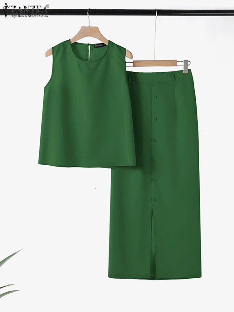 ZANZEA Summer Dress Sets 2PCS Women Outfits Fashion Two Pices Sets Sleeveless Tank Tops Long Skirt Suit Office Lady Matching Set 250324